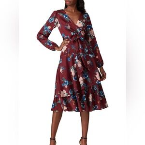 Floral Tie-Waist Burgundy Midi Dress